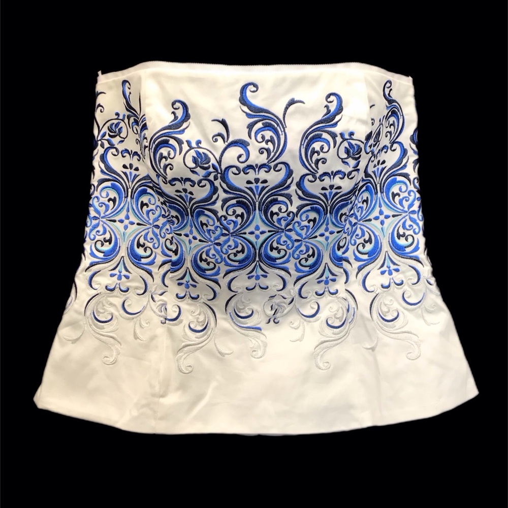 White House Black Market Strapless Top with Blue Embroidery